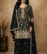 Black chinon silk full stitched free size palazzo suits upto 44