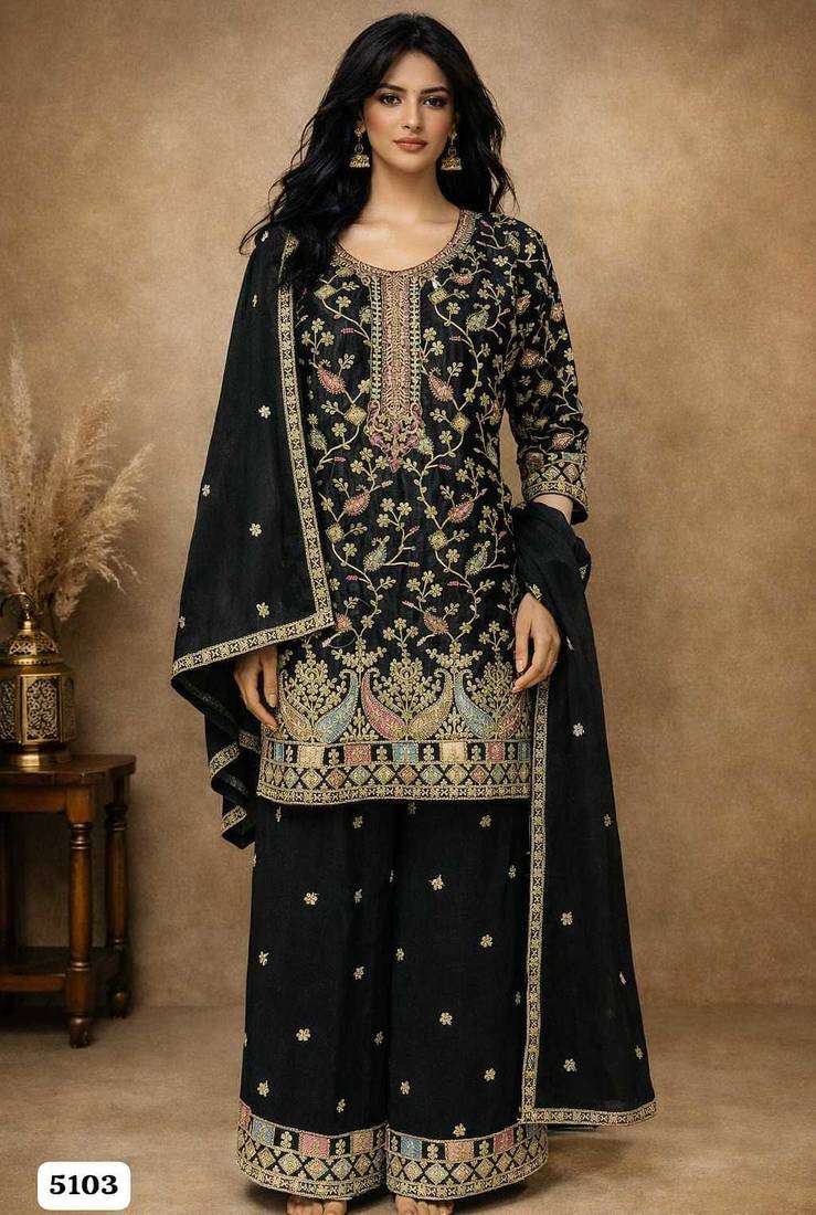 Black chinon silk full stitched free size palazzo suits upto 44