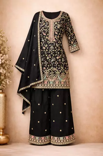 Black chinon silk full stitched free size palazzo suits upto 44