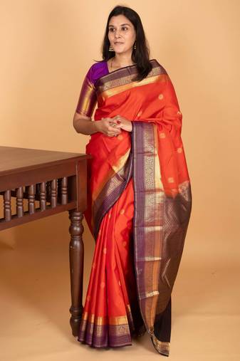 Pumpkin orange and eggplant purple butta weave kanchi pure silk saree