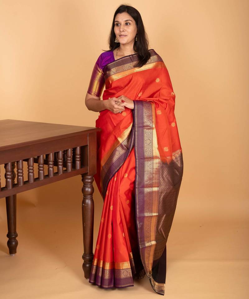 Pumpkin orange and eggplant purple butta weave kanchi pure silk saree