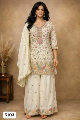 White chinon silk full stitched free size palazzo suits upto 44 1