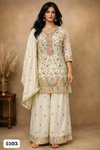 White chinon silk full stitched free size palazzo suits