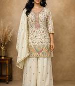 White chinon silk full stitched free size palazzo suits