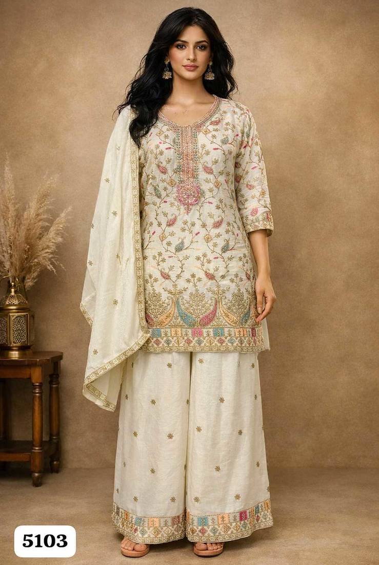 White chinon silk full stitched free size palazzo suits