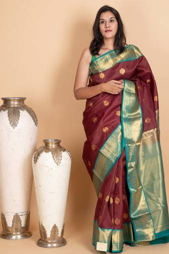 Burnt maroon and turquoise blue pure kanjivaram silk saree