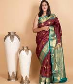 Burnt maroon and turquoise blue pure kanjivaram silk saree