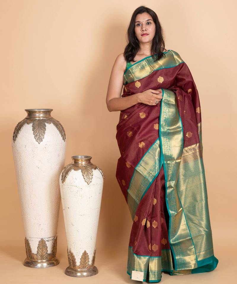 Burnt maroon and turquoise blue pure kanjivaram silk saree