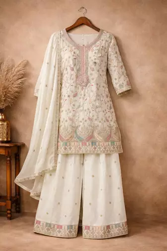 White chinon silk full stitched free size palazzo suits upto 44