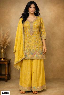 Yellow chinon silk full stitched free size palazzo suits upto 44 1