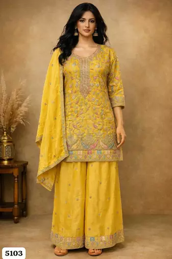 Yellow chinon silk full stitched free size palazzo suits