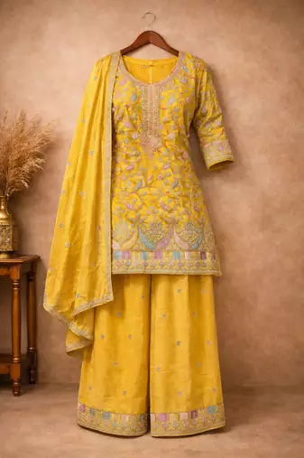Yellow chinon silk full stitched free size palazzo suits upto 44