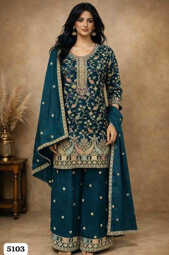 Teal chinon silk full stitched free size palazzo suits