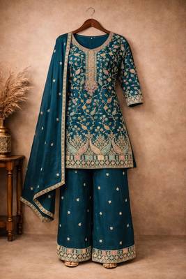Teal chinon silk full stitched free size palazzo suits upto 44 2
