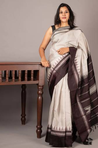 White and night brown zero zari pure  kanjivaram silk saree