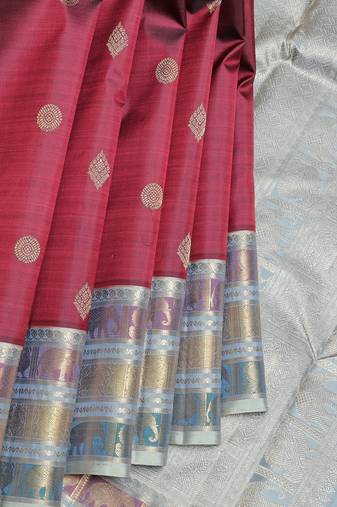 Maroon and ice grey pure zari silk saree