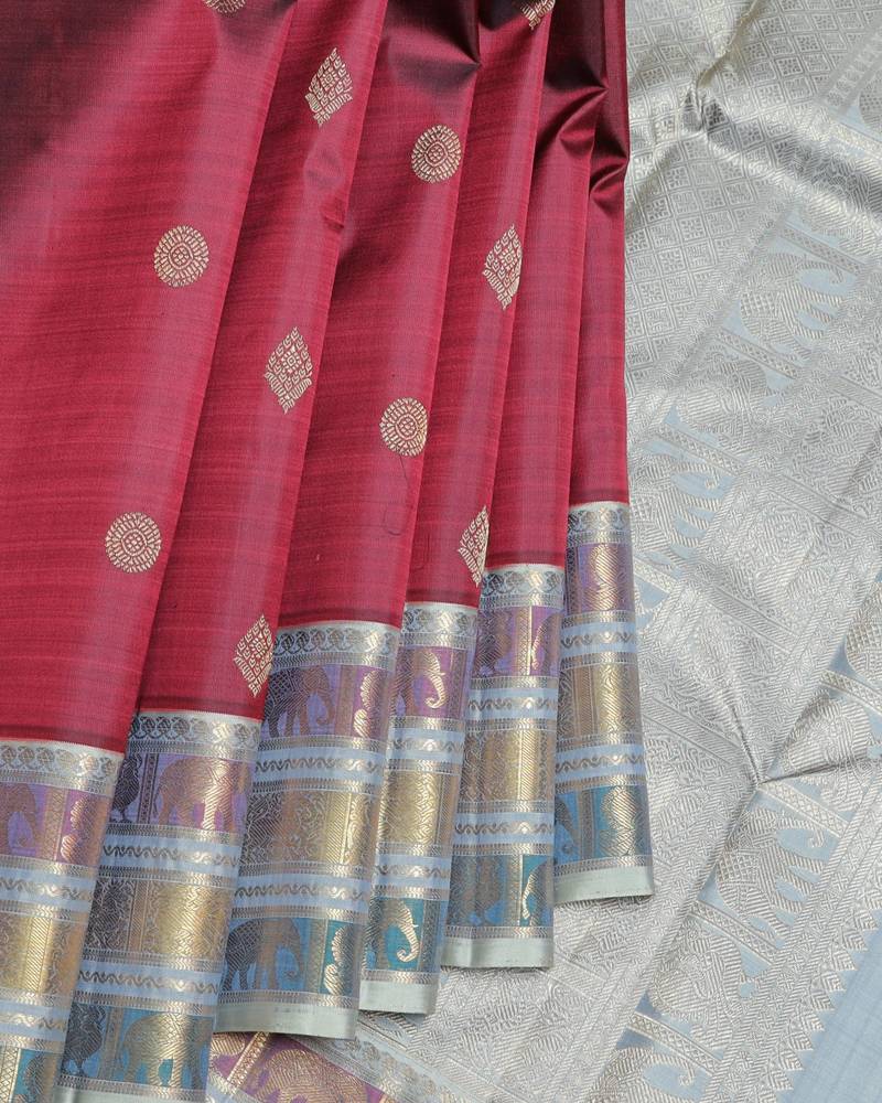 Maroon and ice grey pure zari silk saree
