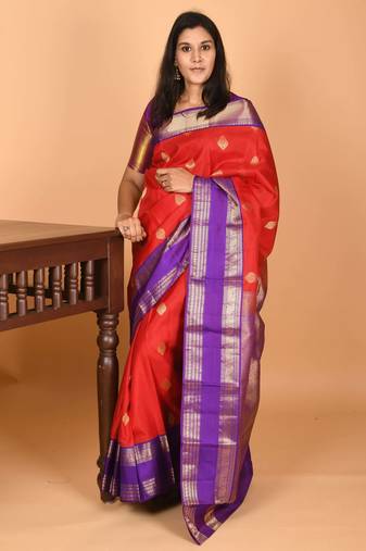 Milagai pazham red and blue violet retta patta border pure kanchi silk saree