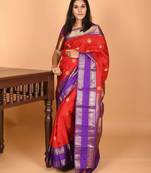 Milagai pazham red and blue violet retta patta border pure kanchi silk saree
