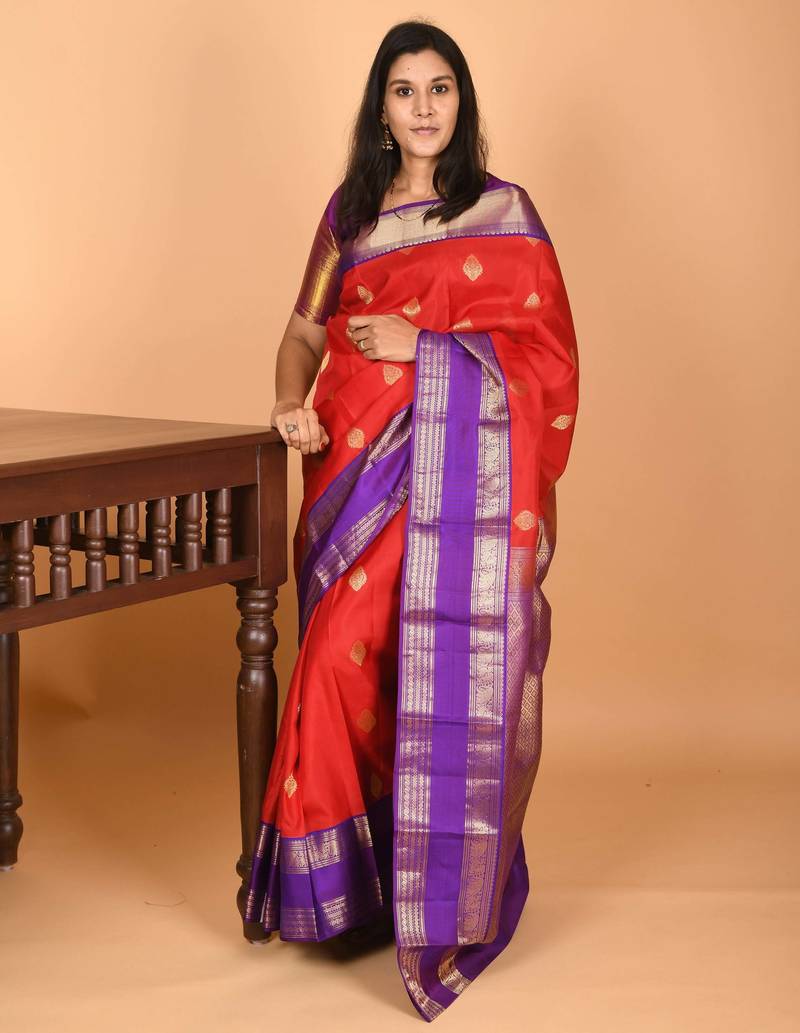 Milagai pazham red and blue violet retta patta border pure kanchi silk saree