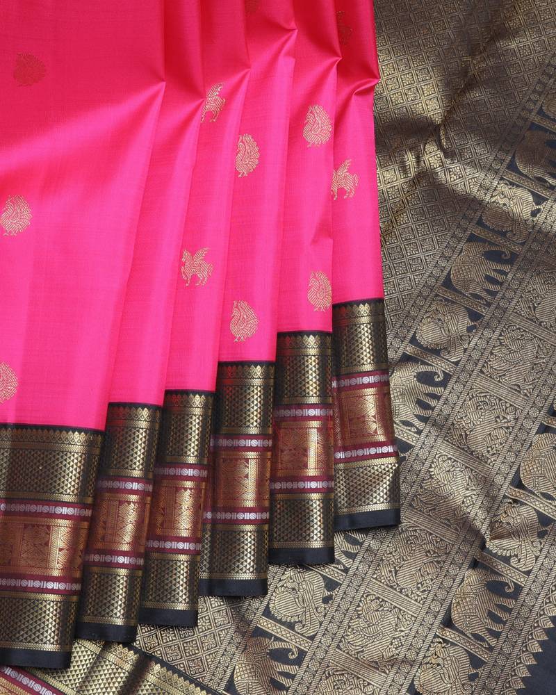 Pink and black pure zari silk saree