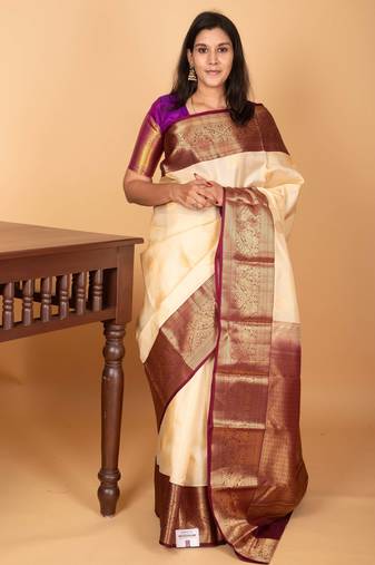 Cream white and wine purple traditonal pure kanchi silk saree