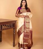 Cream white and wine purple traditonal pure kanchi silk saree