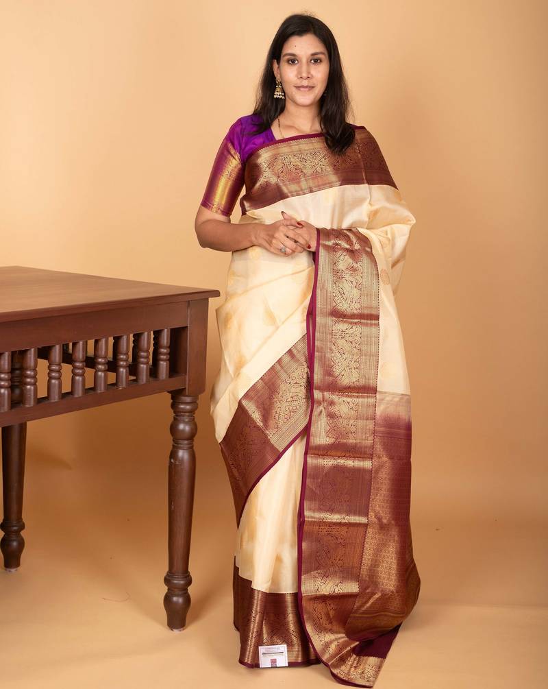 Cream white and wine purple traditonal pure kanchi silk saree