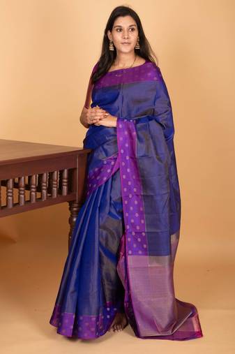 Royal blue and violet zari striped pure kanchi silk saree