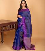 Royal blue and violet zari striped pure kanchi silk saree