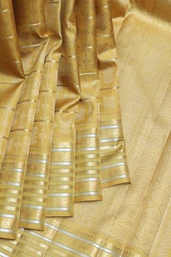 Yellow cream  kanjivaram pure zari silk saree