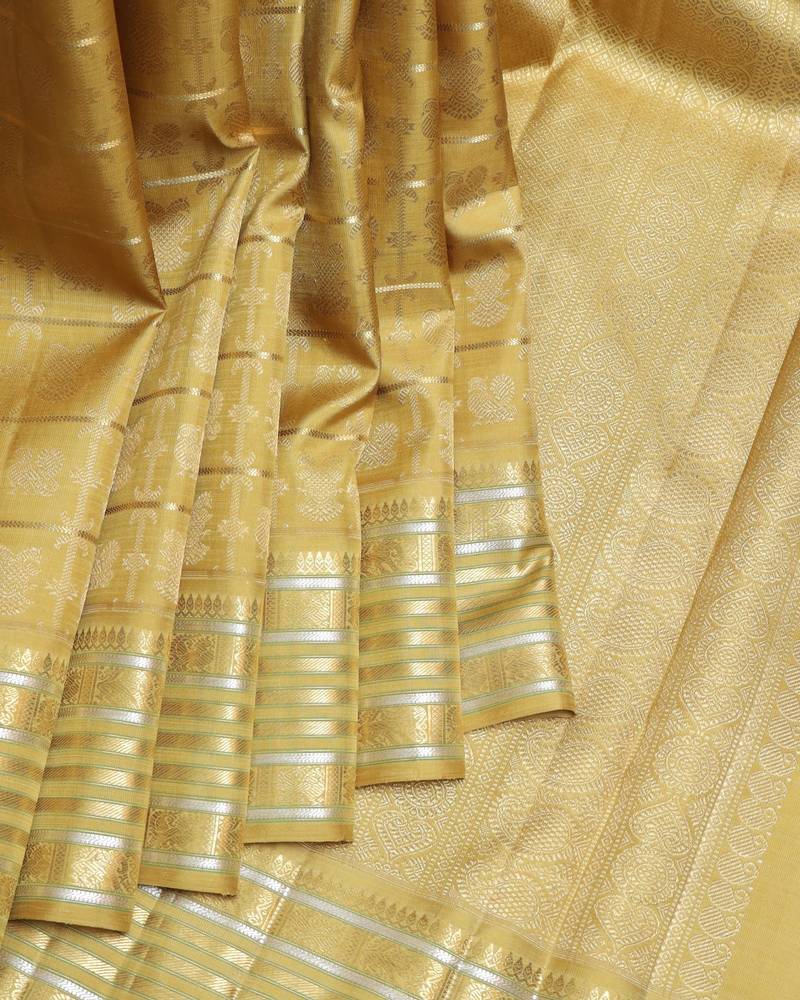 Yellow cream  kanjivaram pure zari silk saree