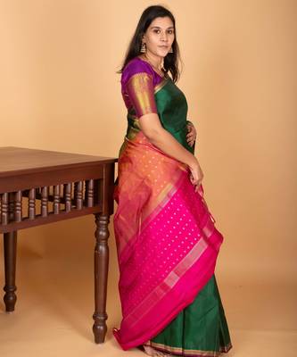 Bottle green and rani pink partly pleats pure kanjivaram silk saree 3