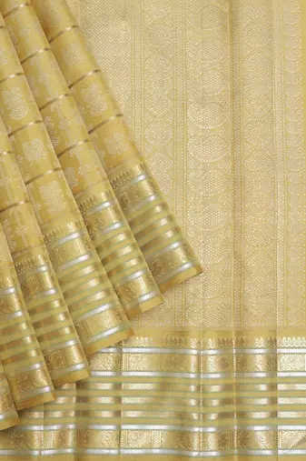 Yellow cream kanjivaram zari silk saree with blouse