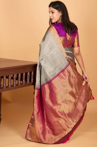 Zinc grey and wildberry big border pure kanchi silk saree