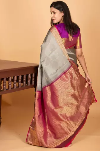 Zinc grey and wildberry big border pure kanchi silk saree