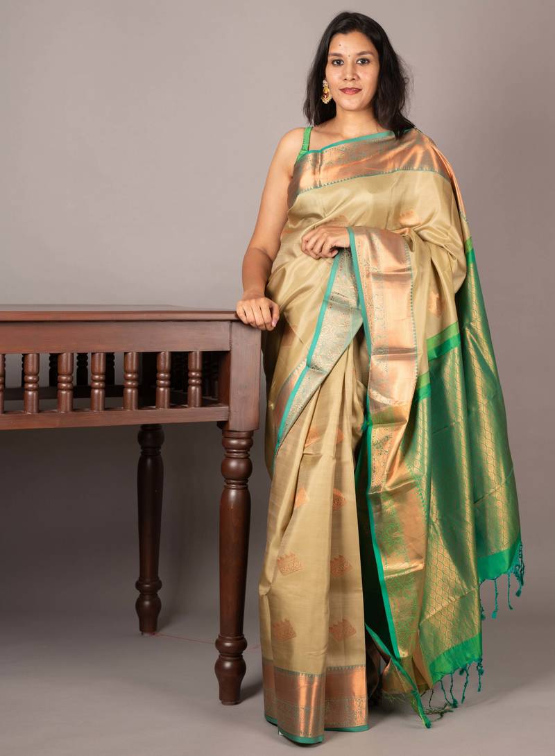 Pastel sage green silk saree