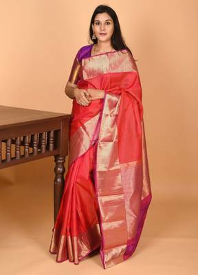 Dual tone pinkish red vaira oosi pure kanjivaram silk saree 1