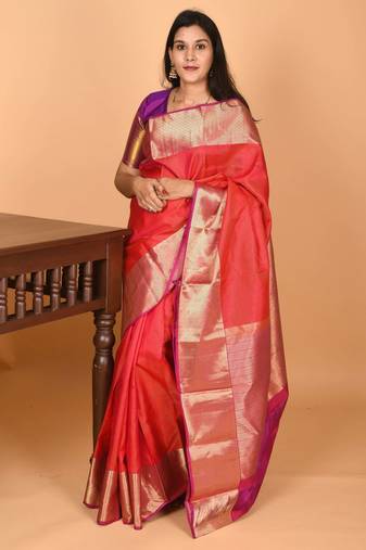 Dual tone pinkish red vaira oosi pure kanjivaram silk saree