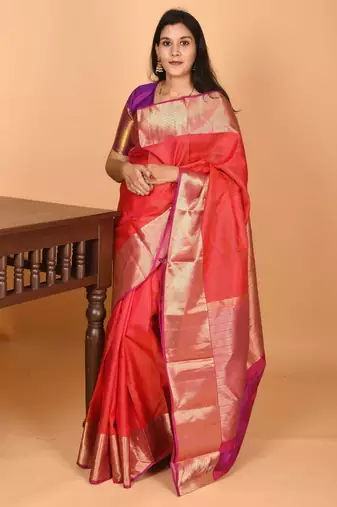 Dual tone pinkish red vaira oosi pure kanjivaram silk saree