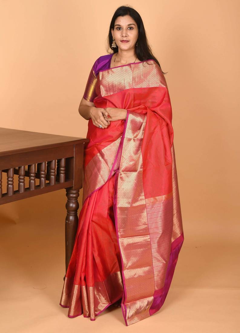 Dual tone pinkish red vaira oosi pure kanjivaram silk saree