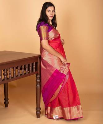 Dual tone pinkish red vaira oosi pure kanjivaram silk saree 3