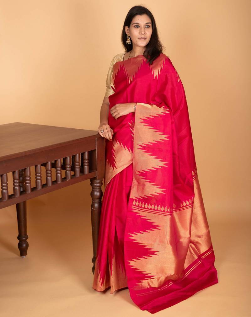 Amaranth pink temple border pure kanchi silk saree