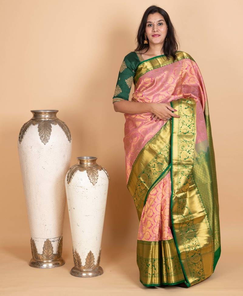 Delicate rose and forest green pure kanjivaram silk saree