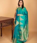 Dual tone blue temple border pure kanchi silk saree