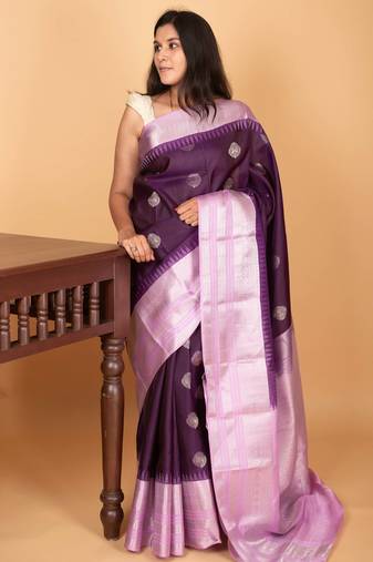 Eggplant purple and lilac lavender big borde pure kanchi silk saree