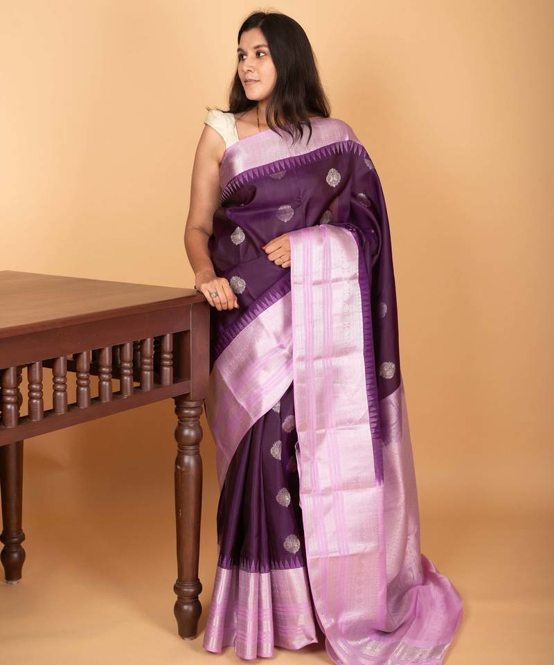 Eggplant purple and lilac lavender big borde pure kanchi silk saree