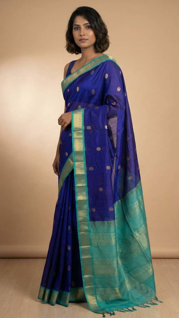 Royal blue and turquoise blue kanchi silk cotton saree