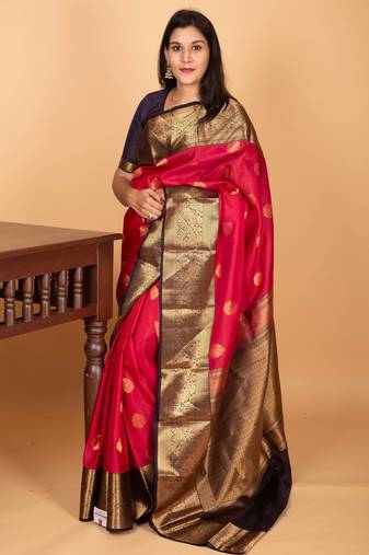 Chilli red and midnight blue korvai pure kanjivaram silk saree