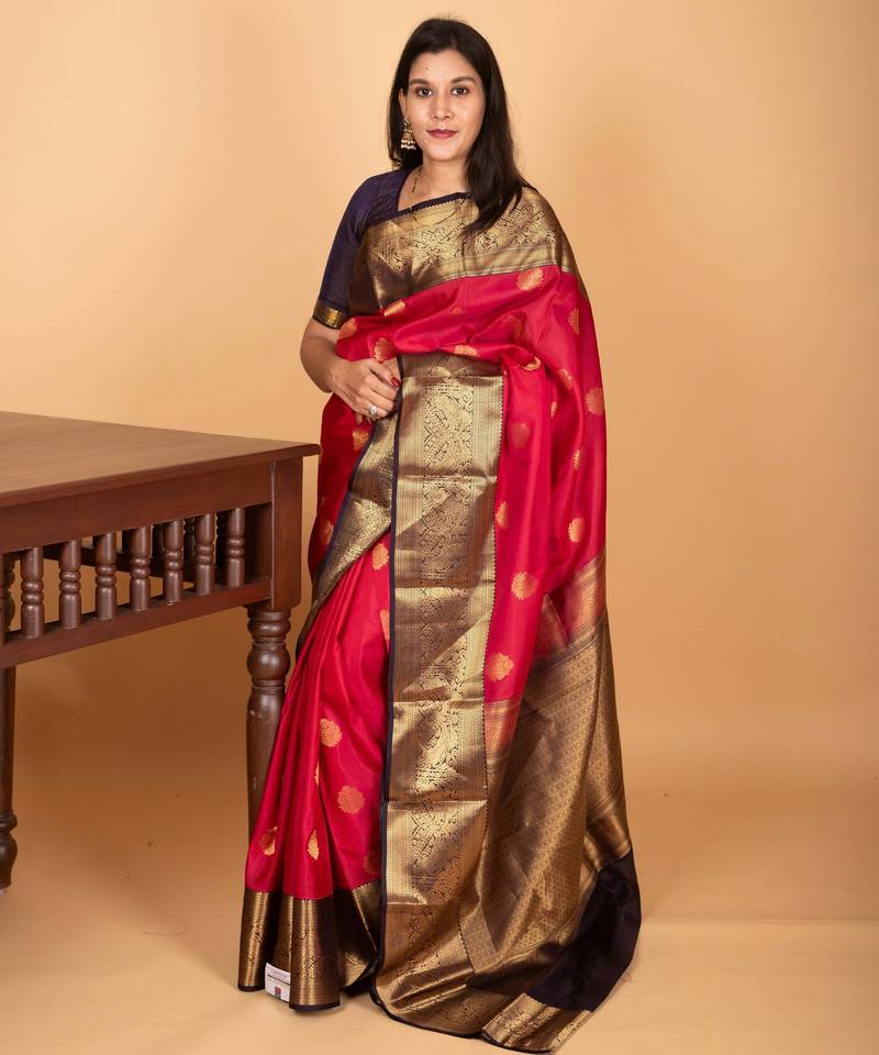 Chilli red and midnight blue korvai pure kanjivaram silk saree